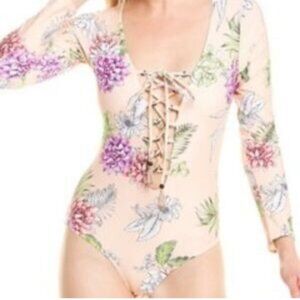 Letarte Floral Peach Long Sleeves Lace Up Bodysuit S